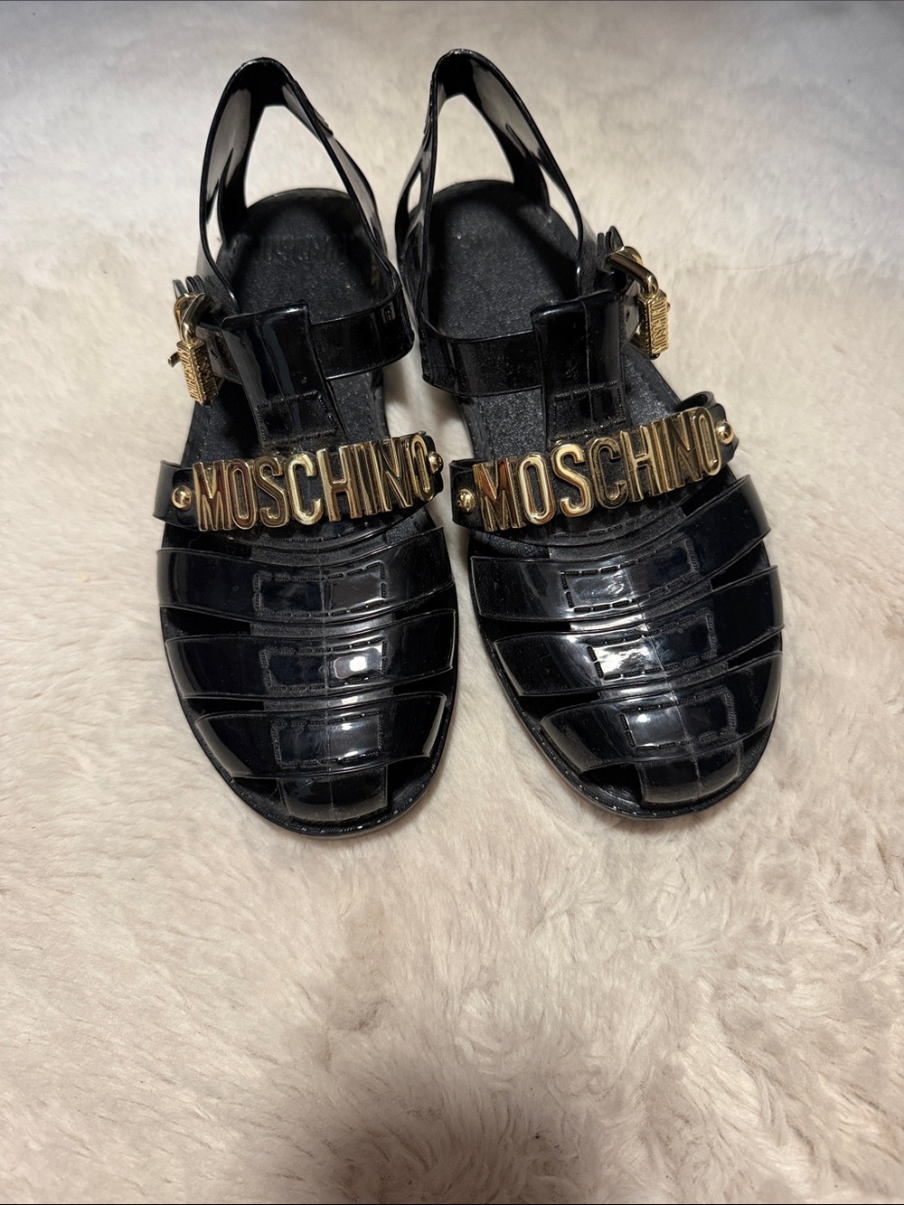 Moschino Black Patent Jelly Logo Slingbacks with Gold Hardware